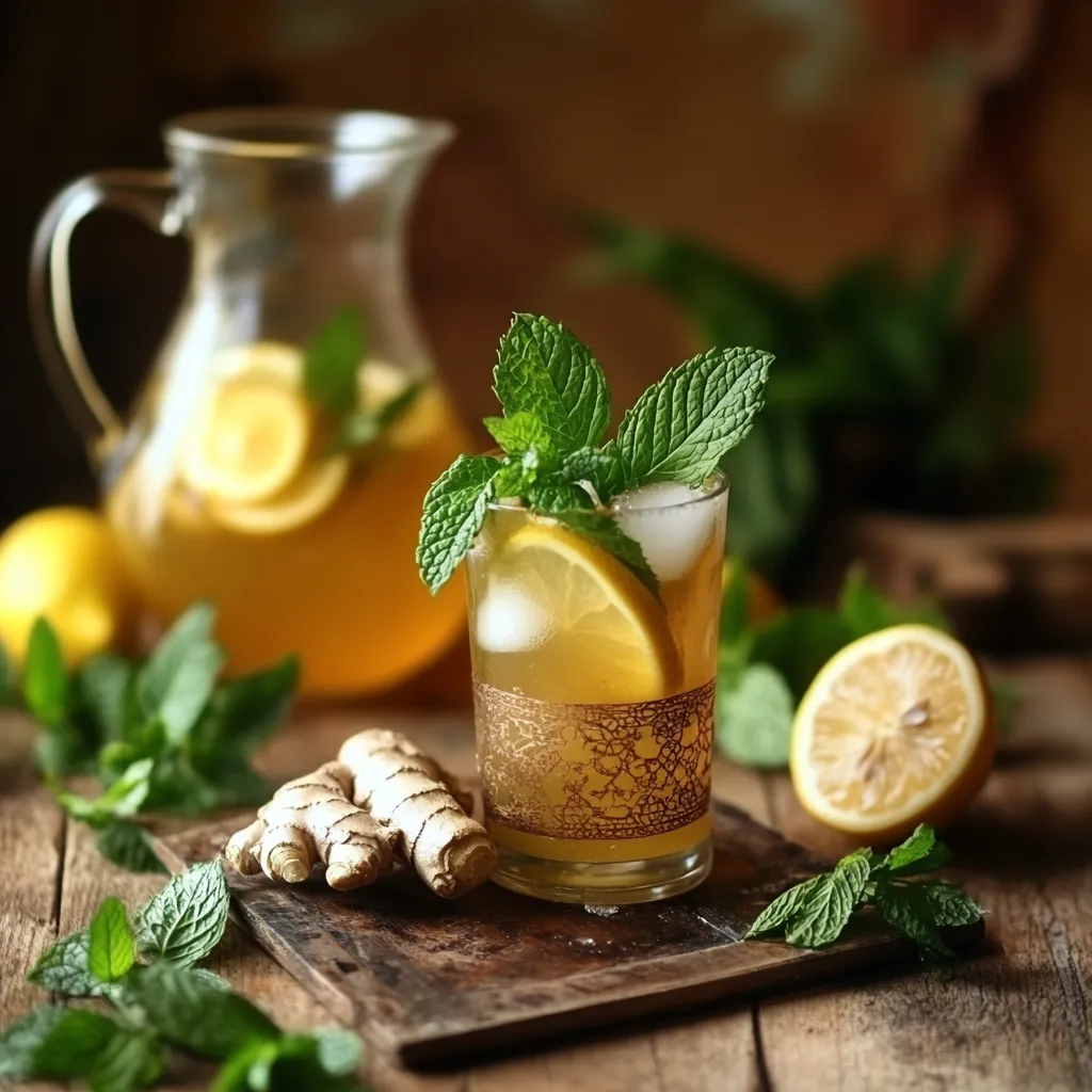 Traditional Moroccan tea set with mint, ginger, and a pitcher of iced Moroccan mint and ginger lemonade, styled for summer refreshment.
