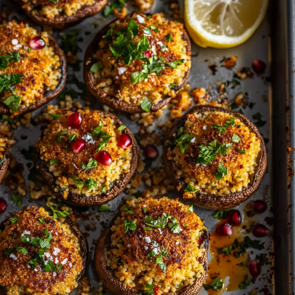 Irresistible Moroccan-Spiced Stuffed Mushrooms Recipe 4 Baked Moroccan-stuffed mushrooms on a tray, topped with herbs and pomegranate seeds, served warm with harissa and lemon.