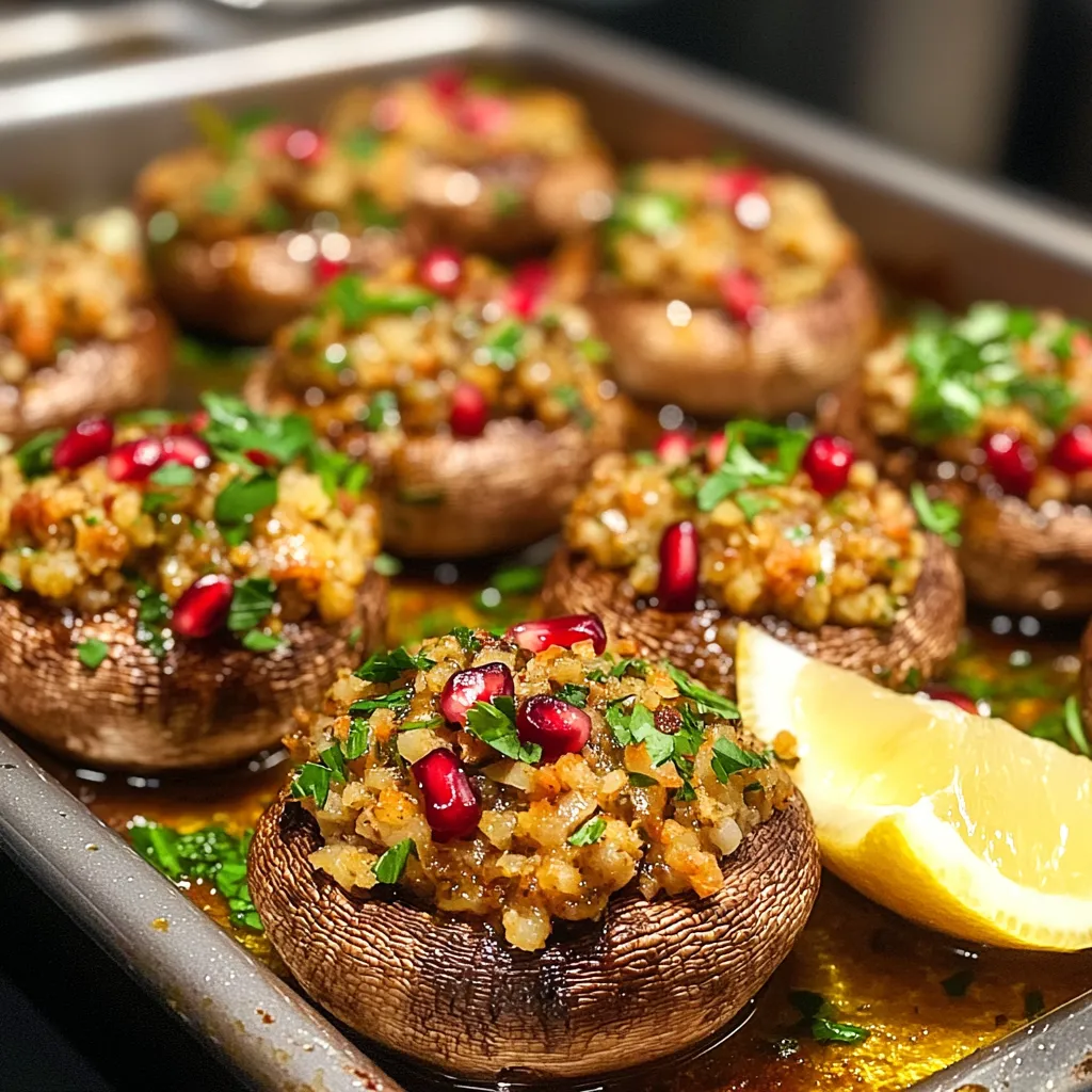 Irresistible Moroccan-Spiced Stuffed Mushrooms Recipe 6 Stuffed mushrooms seasoned with Moroccan spices, served on a rustic board with fresh herbs and lemon wedges in a warm kitchen setting.