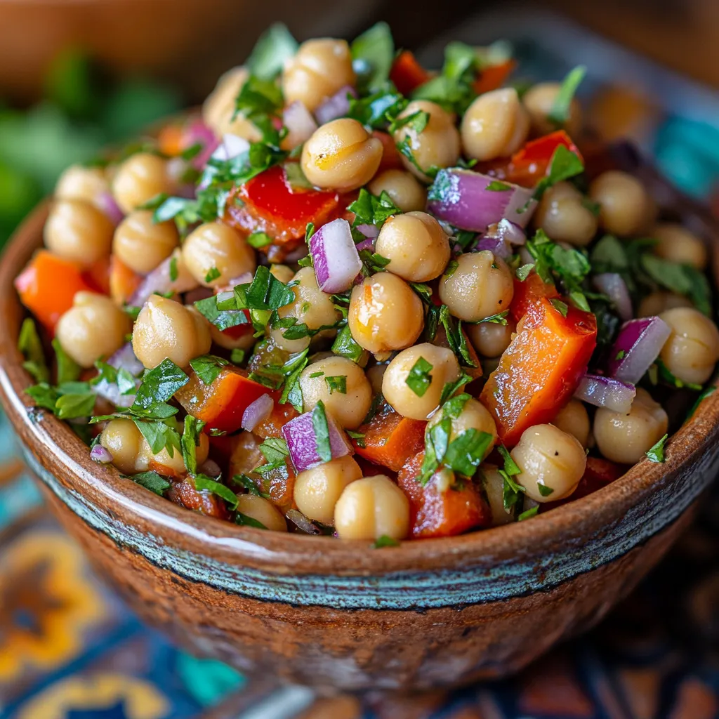 Moroccan Chickpea Salad So Good, It Feels Like a Hug in a Bowl 2 A colorful Moroccan chickpea salad with herbs and spices in a rustic bowl on a Moroccan-style table.