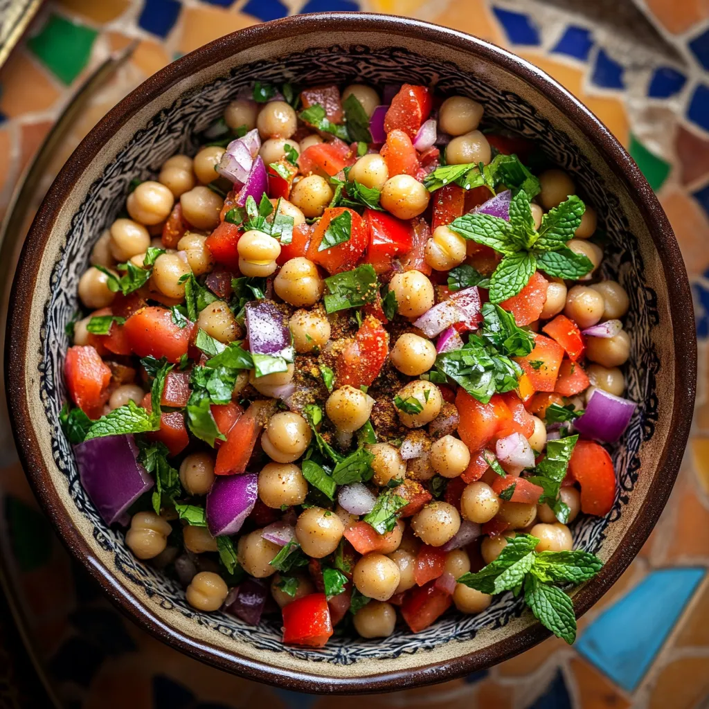 Moroccan Chickpea Salad So Good, It Feels Like a Hug in a Bowl 6 A beautifully styled Moroccan chickpea salad served on a rustic wooden table, with vibrant vegetables and fresh herbs. The salad is garnished with extra cilantro and mint leaves, a light drizzle of olive oil and lemon juice, and a side of pita bread or grilled chicken skewers. Natural light highlights the bright colors of the ingredients.