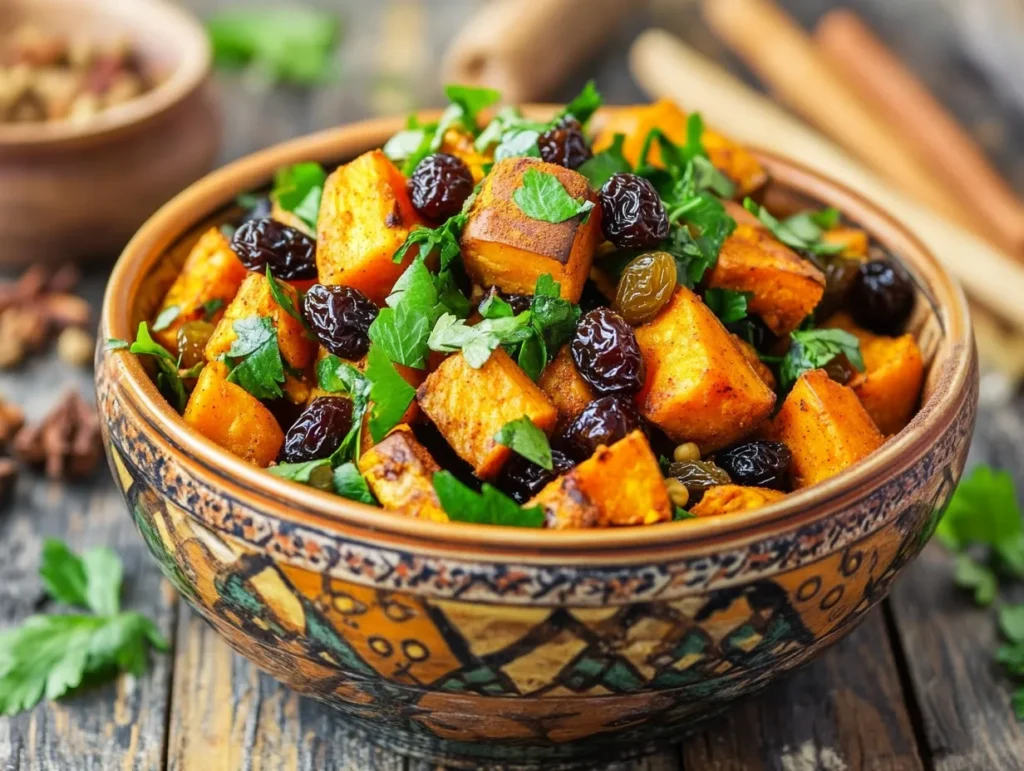 Joyfully Bold Moroccan Sweet Potato & Raisin Salad Recipe 2 Colorful Moroccan sweet potato and raisin salad with herbs and spices in a rustic bowl on a wooden table.