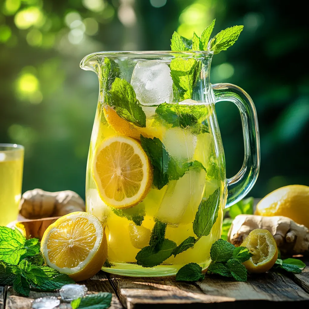 Refreshing Moroccan Mint and Ginger Lemonade in a glass pitcher with mint leaves, lemon slices, and ice cubes, served on a rustic wooden table with a summer outdoor vibe.