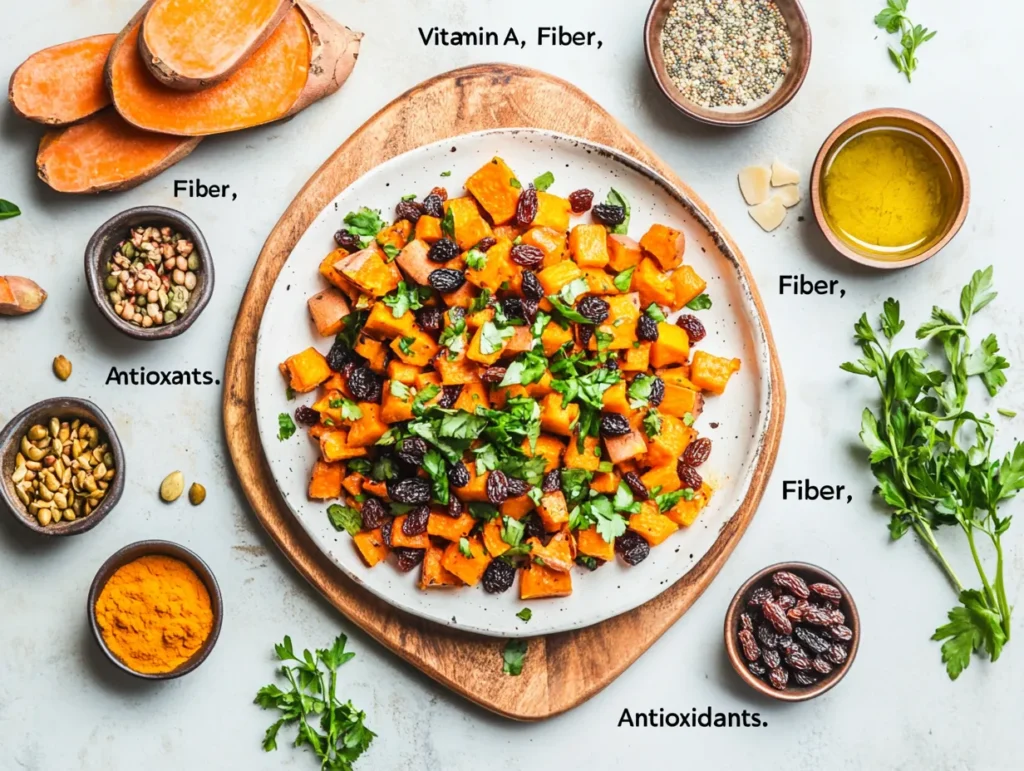 Joyfully Bold Moroccan Sweet Potato & Raisin Salad Recipe 5 Nutritious Moroccan sweet potato salad displayed with ingredient health benefits and a clean eating theme.