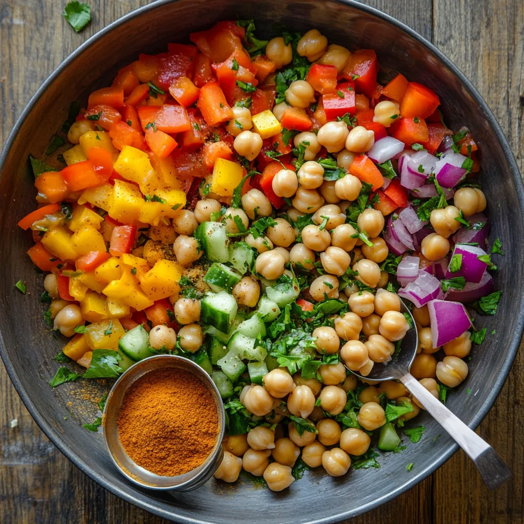 Moroccan Chickpea Salad So Good, It Feels Like a Hug in a Bowl 5 Close-up of Moroccan chickpea salad with vibrant ingredients, showcasing fresh herbs, chickpeas, olive oil, and spices.