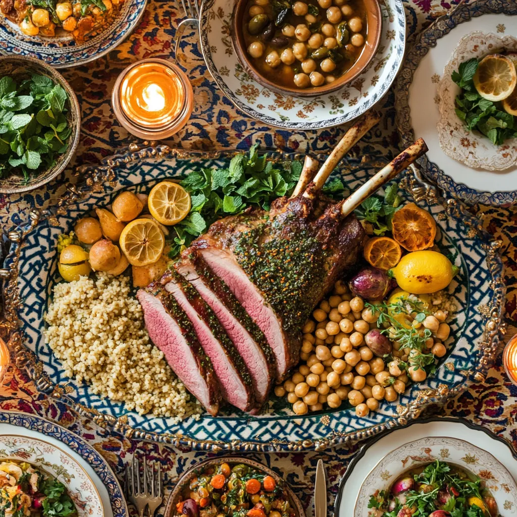 Moroccan-style dinner spread with grilled herb-crusted lamb, couscous, zaalouk, chickpea stew, and preserved lemon salad on a vibrant table setting.