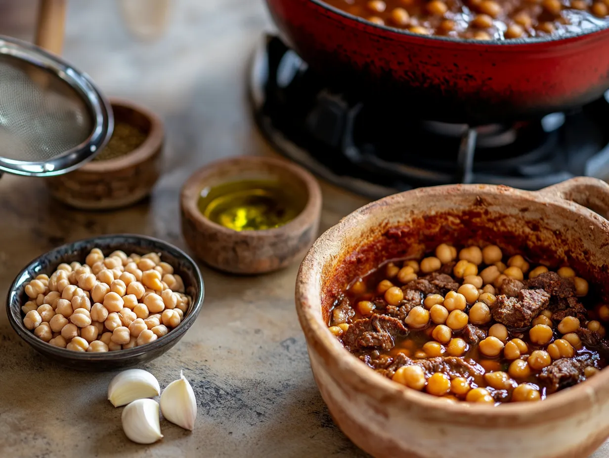 Spicy Beef Tagine with Harissa and Chickpeas Dangerously Delicious 4 Chickpeas prepared for Moroccan tagine with spices and cooking tools.