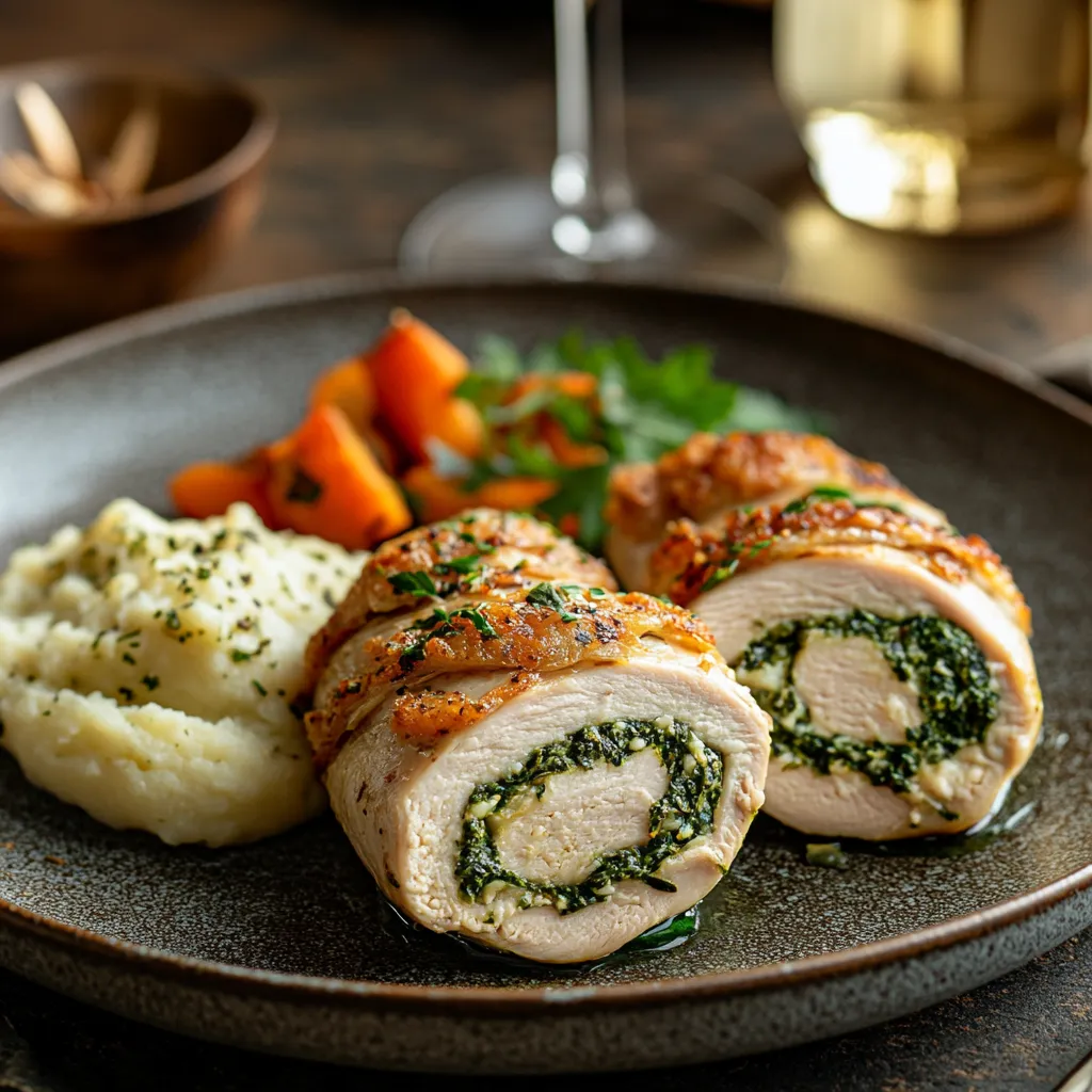 Plated stuffed chicken breast with creamy spinach and cheese filling, garnished with herbs, alongside roasted vegetables and a glass of white wine.