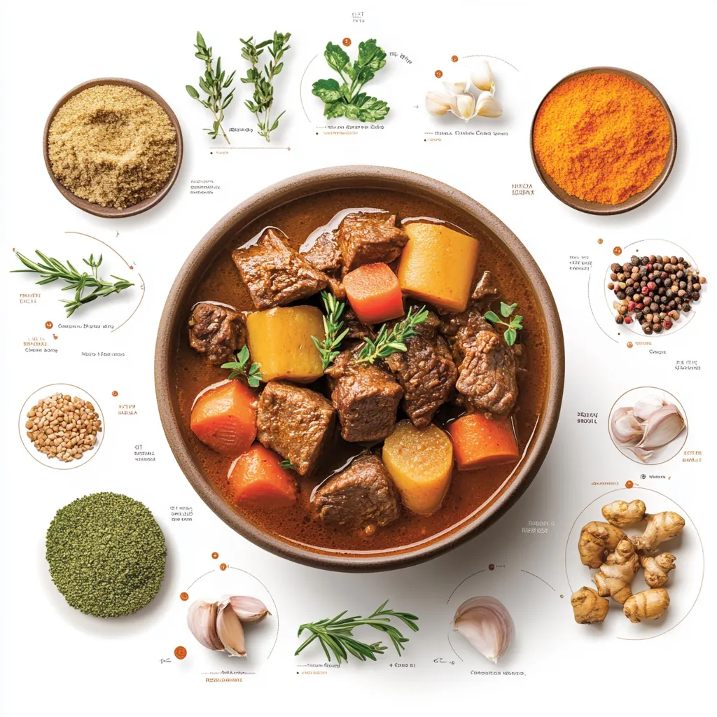 Savory Moroccan Beef Stew for a Guilt-Free Keto Meal 6 Infographic of Keto Moroccan Beef Stew showing calorie, fat, protein, and carb content with health benefits of key ingredients like turmeric and beef. keto meal