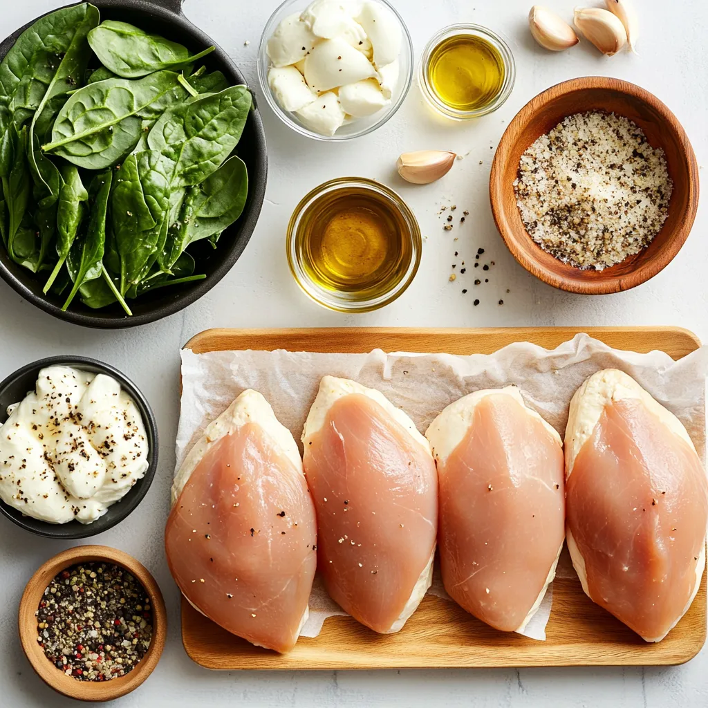 Close-up of sliced chicken breasts on a cutting board with bowls of cream cheese, mozzarella, spinach, and herbs ready for stuffing.