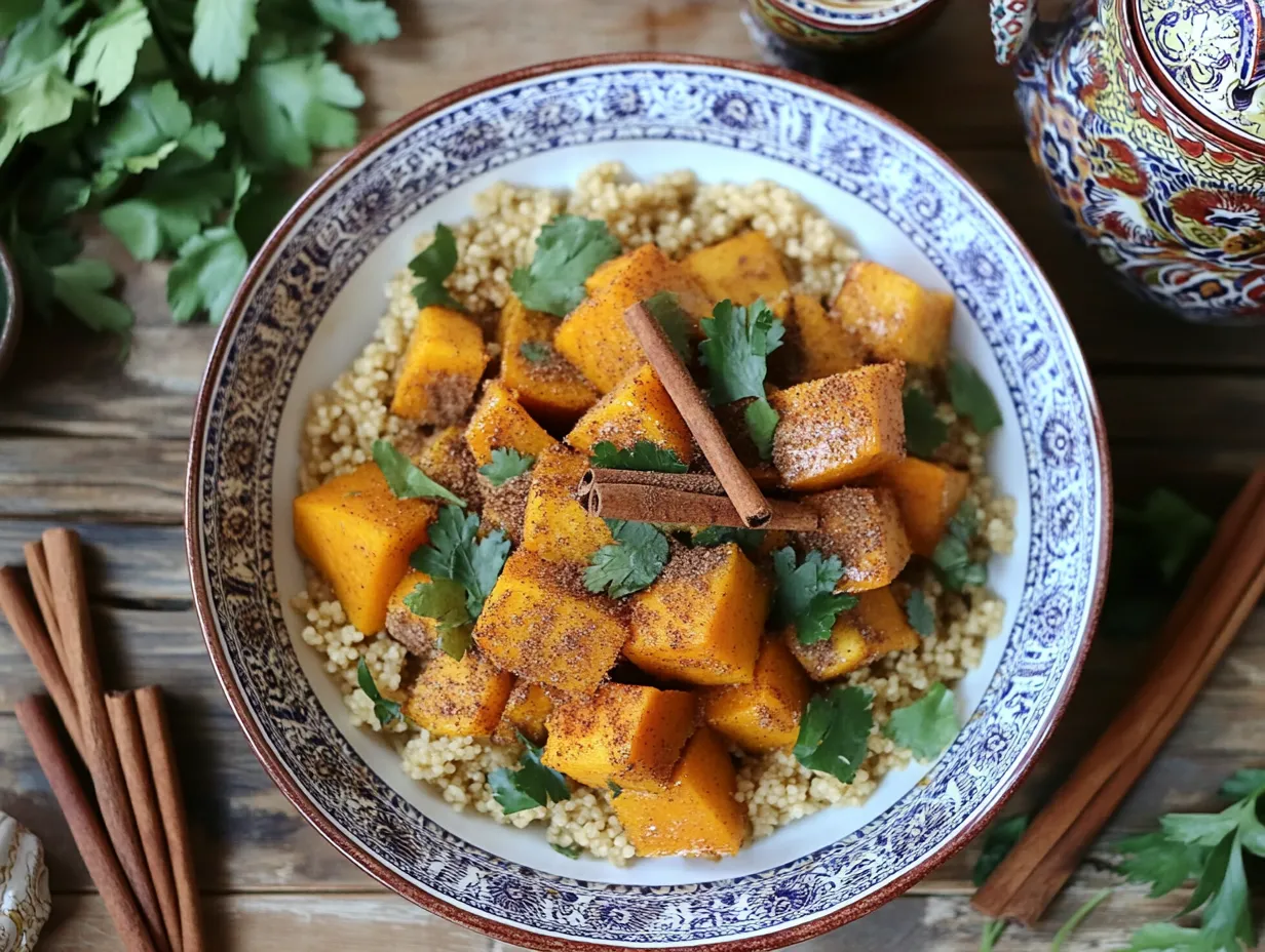 Couscous with Pumpkin and Sweet Cinnamon: A Moroccan-Inspired Treat 4 Couscous with roasted pumpkin and cinnamon served in a Moroccan-style bowl, garnished with fresh herbs and cinnamon sticks.
