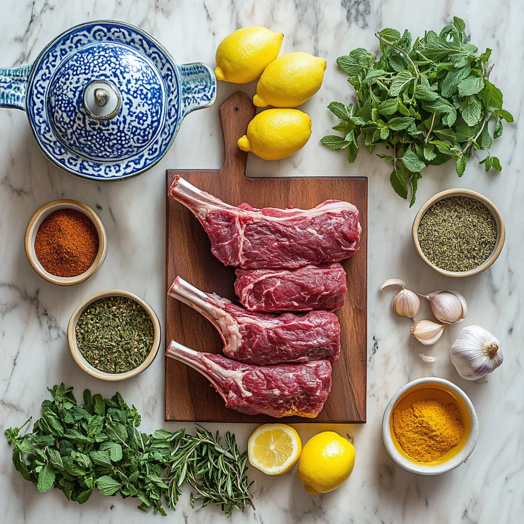French-trimmed rack of lamb surrounded by Moroccan spices, fresh herbs, garlic, and olive oil ingredients on a kitchen prep board.