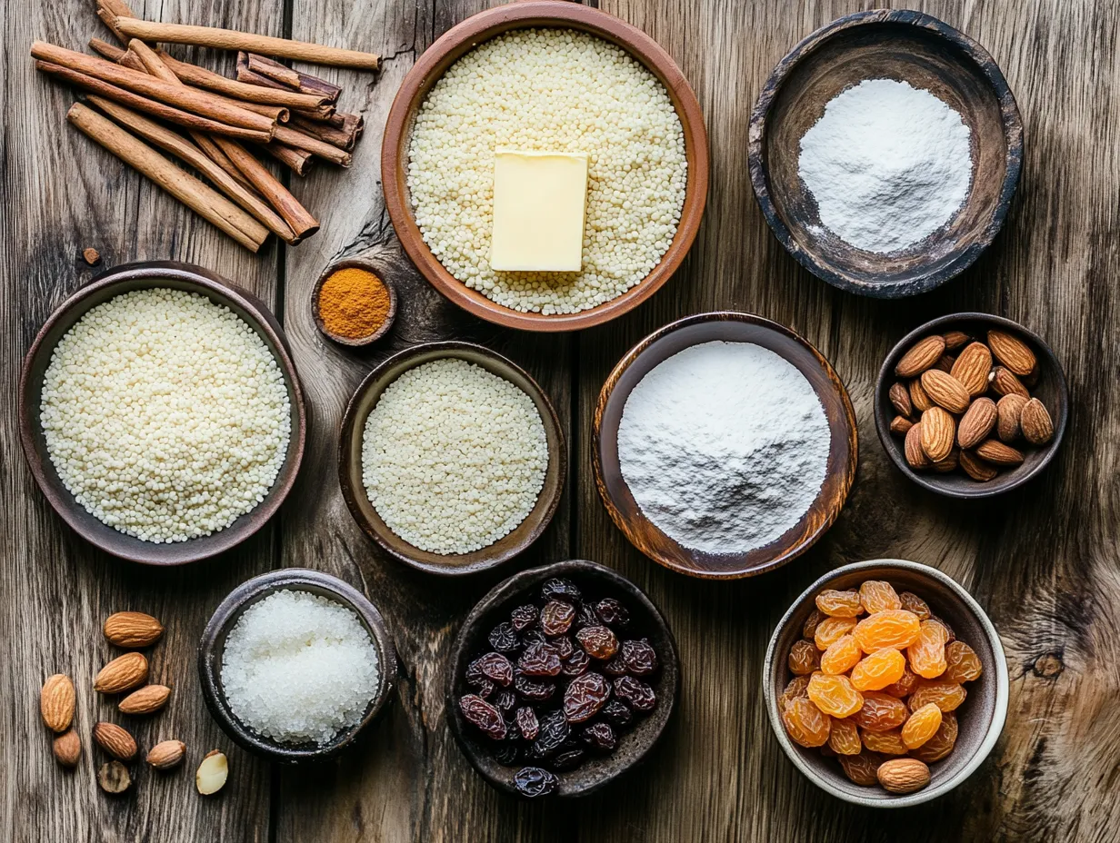 Unlock the Magic of Seffa Couscous with This Easy Recipe 3 "Ingredients for Seffa couscous laid out on a wooden table: couscous, butter, cinnamon, sugar, raisins, almonds, and optional dried fruits, showcasing the simplicity and richness of Moroccan cuisine."