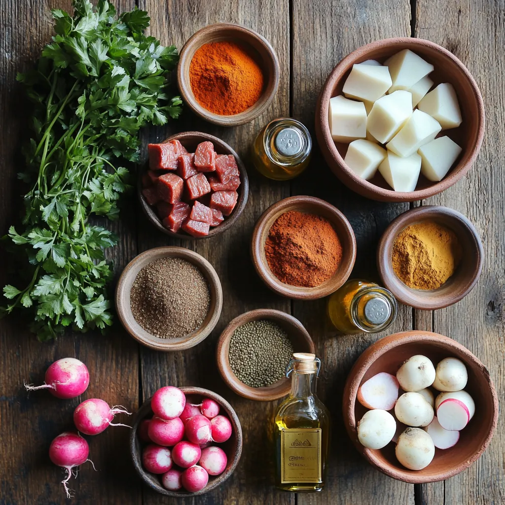 Savory Moroccan Beef Stew for a Guilt-Free Keto Meal 3 Ingredients for Keto Moroccan Beef Stew including spices, beef cubes, turnips, and fresh herbs displayed on a rustic wooden surface.