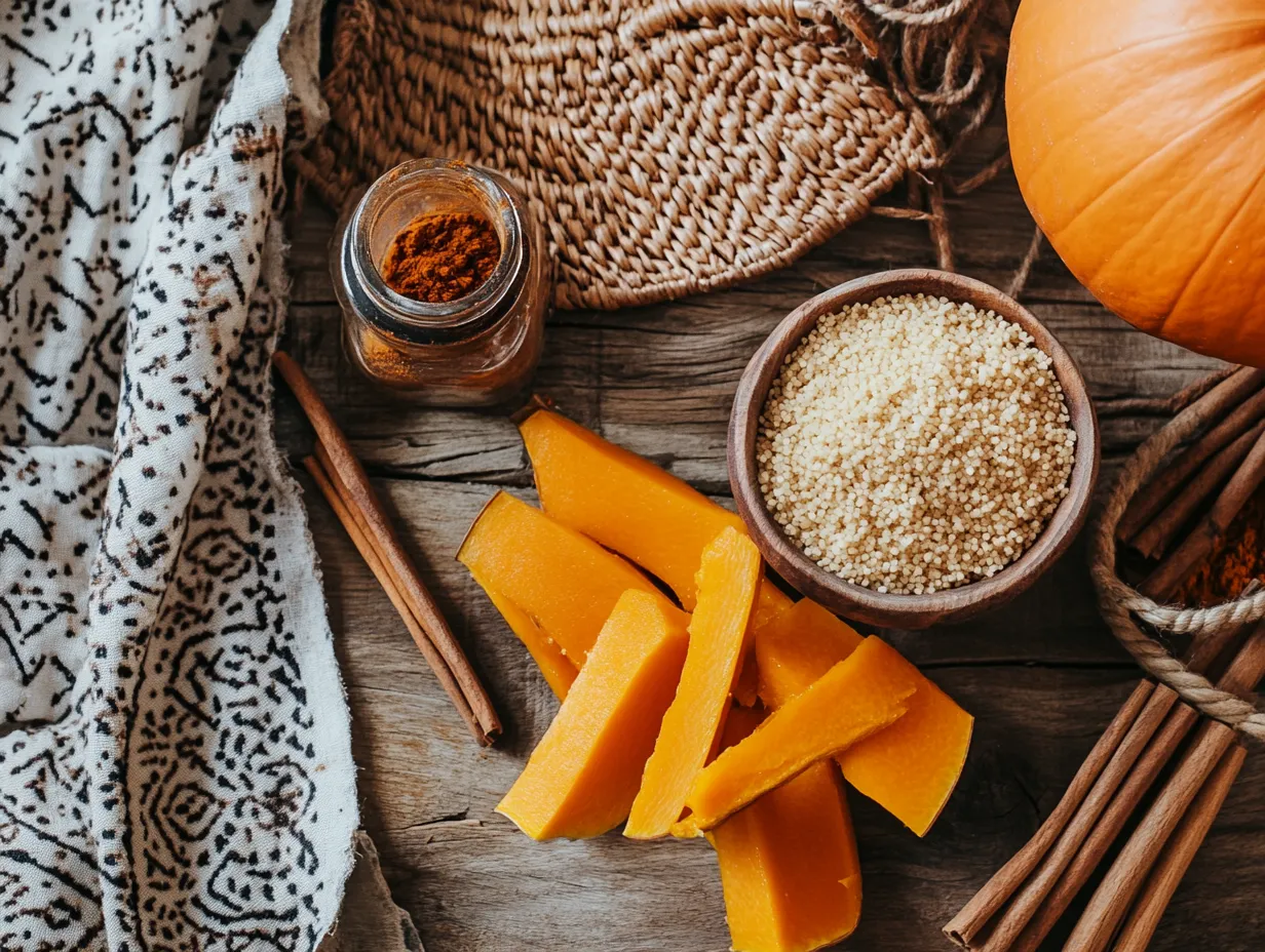 Couscous with Pumpkin and Sweet Cinnamon: A Moroccan-Inspired Treat 3 Raw ingredients for Moroccan pumpkin couscous including sliced pumpkin, cinnamon, and couscous displayed on a rustic table