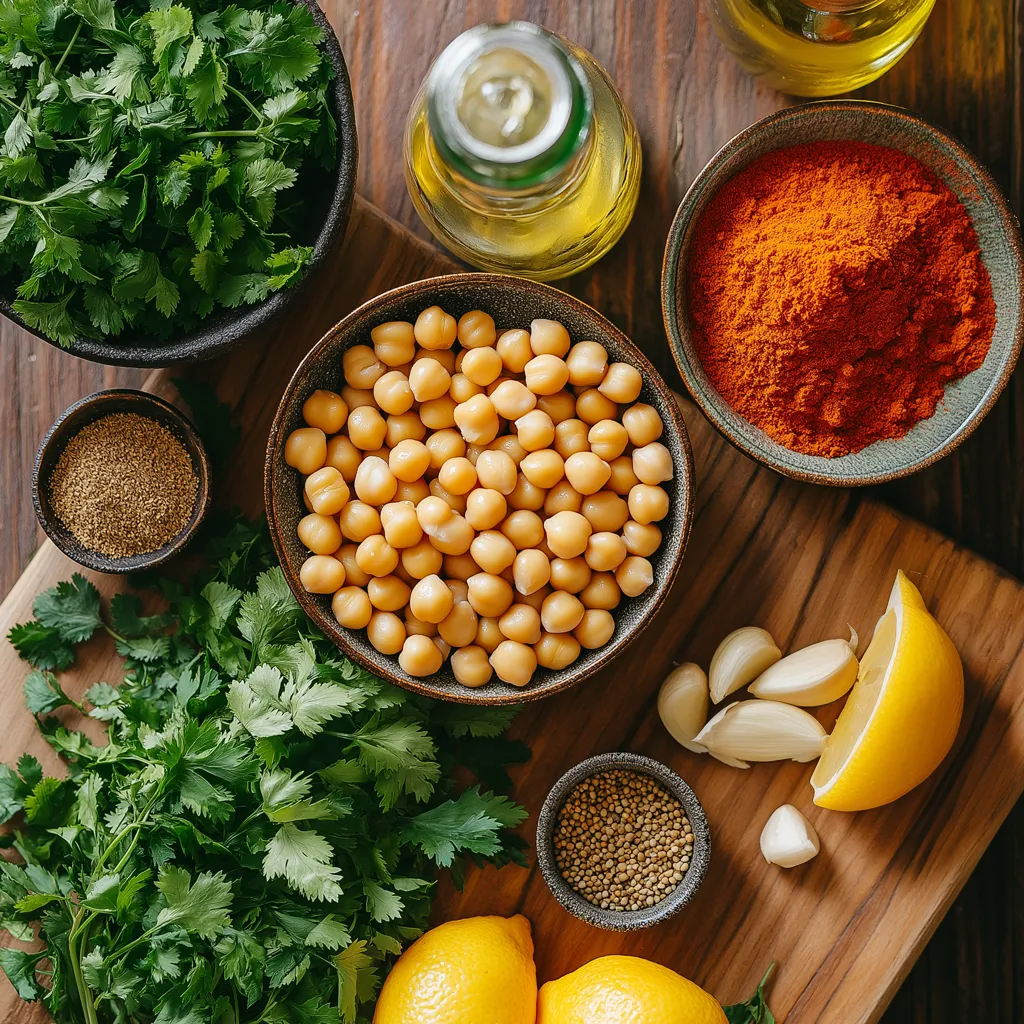 Moroccan Chickpea Salad So Good, It Feels Like a Hug in a Bowl 3 Fresh Moroccan chickpea salad ingredients laid out on a rustic wooden surface, including spices, herbs, chickpeas, and preserved lemons.