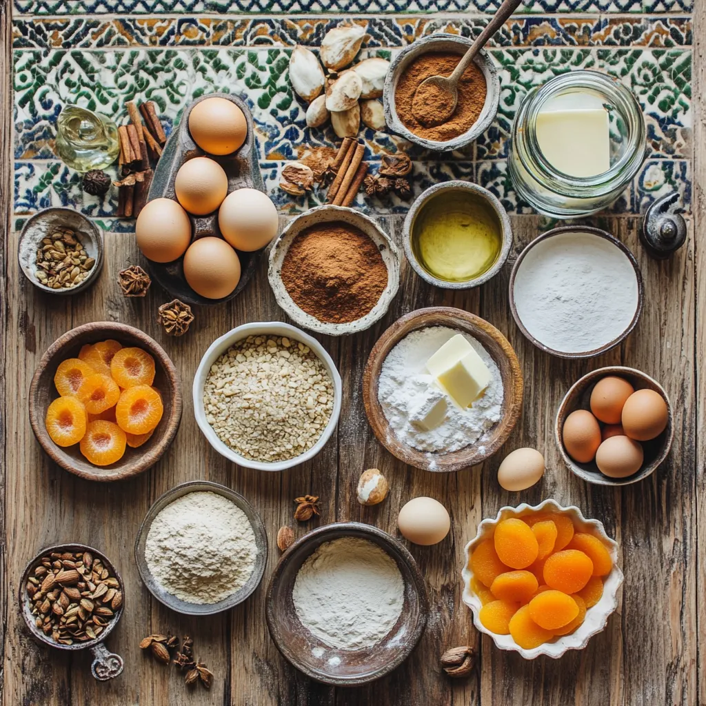 Amazingly Delicious Moroccan Almond & Apricot Tart 3 Overhead view of Moroccan tart ingredients including almonds, apricots, spices, eggs, flour, and orange blossom water on a rustic background.