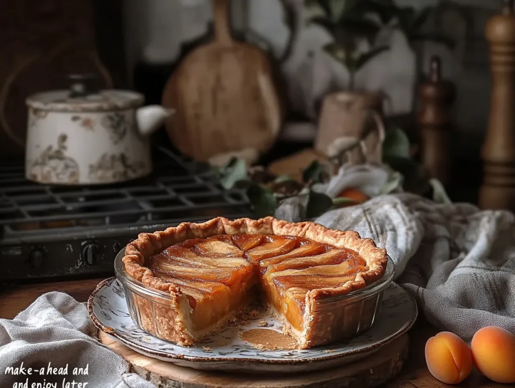 Amazingly Delicious Moroccan Almond & Apricot Tart 6 Moroccan almond and apricot tart slices stored in a glass container, with one slice being reheated in an oven. Cozy kitchen elements like a towel and storage label are visible.