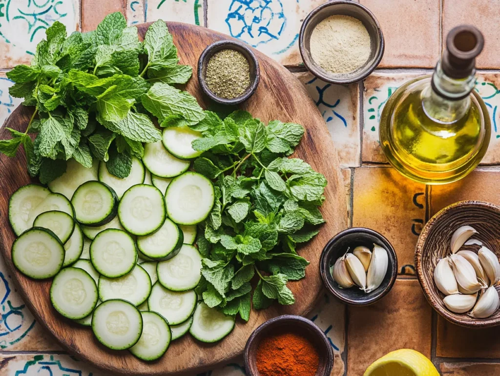 Crave-Worthy Moroccan Zucchini Salad That Stuns Your Taste Buds 3 Ingredients for Moroccan zucchini salad: zucchini, fresh herbs, olive oil, spices, and lemon laid out on a rustic kitchen table.