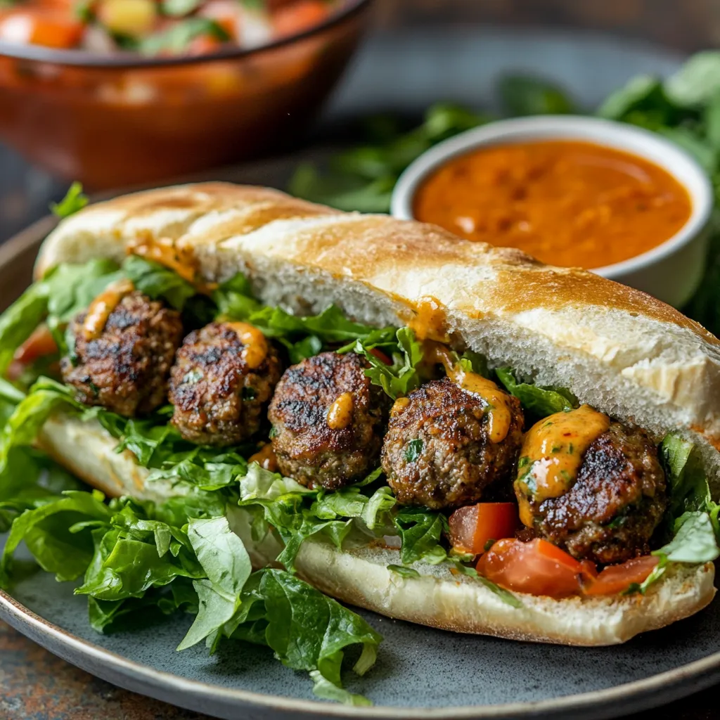 Spicy and Savory Kefta Sandwich: A Must-Try Moroccan Meatball Recipe 2 A delicious Moroccan Meatball Sandwich (Kefta) with grilled Kefta meatballs, fresh vegetables, and Harissa sauce, served in soft pita bread.