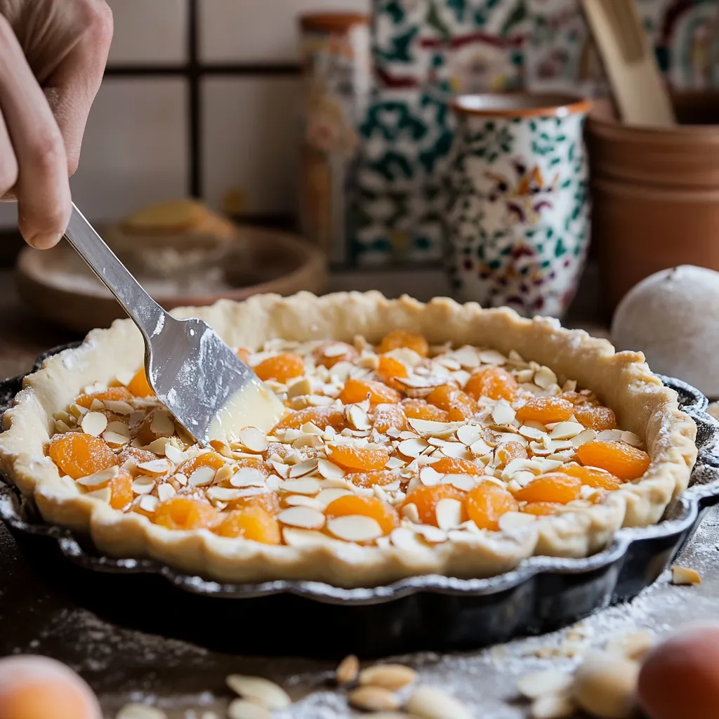 Amazingly Delicious Moroccan Almond & Apricot Tart 4 Process of assembling a Moroccan almond and apricot tart, showing dough in a pan, almond filling being spread, and apricots arranged neatly on top.