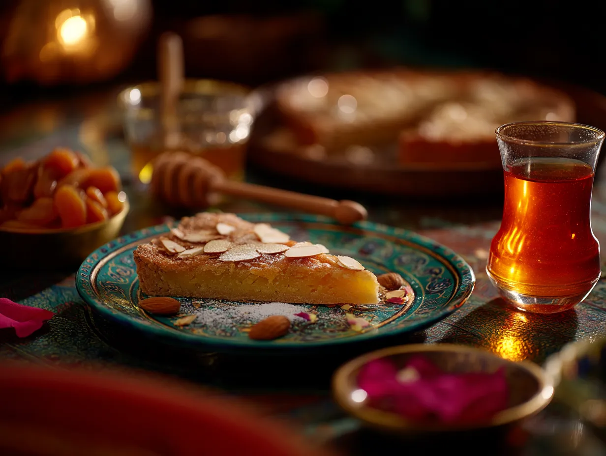 Amazingly Delicious Moroccan Almond & Apricot Tart 5 Moroccan almond and apricot tart slice plated with mint tea, honey drizzle, and garnishes of almonds and rose petals on a decorative tray.