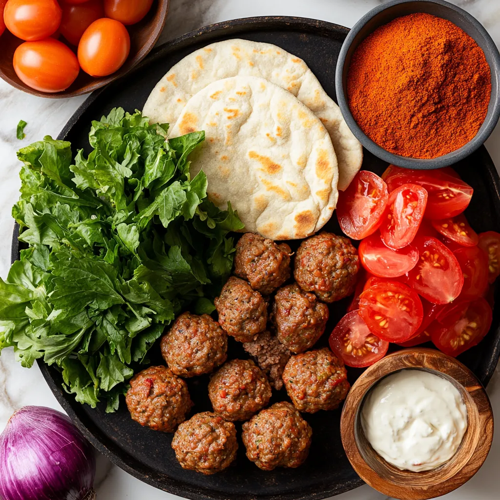 Spicy and Savory Kefta Sandwich: A Must-Try Moroccan Meatball Recipe 3 A vibrant display of ingredients for making an authentic Moroccan Meatball Sandwich (Kefta), including fresh lamb, Moroccan spices, vegetables, pita bread, and Harissa sauce.