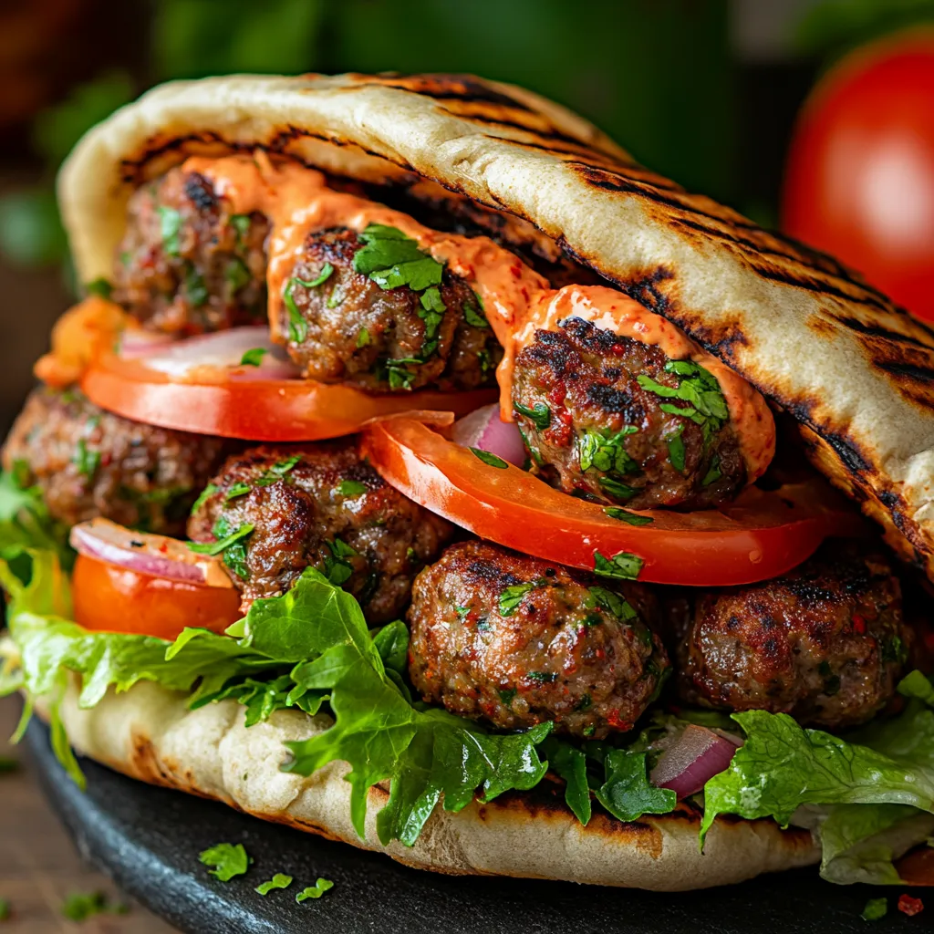 Spicy and Savory Kefta Sandwich: A Must-Try Moroccan Meatball Recipe 5 A deliciously assembled Moroccan Kefta sandwich filled with grilled meatballs, fresh vegetables, and topped with Harissa sauce, wrapped in soft pita bread.