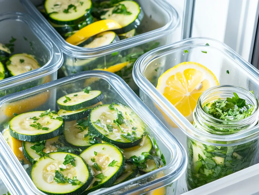Crave-Worthy Moroccan Zucchini Salad That Stuns Your Taste Buds 6 Meal prep containers with Moroccan zucchini salad stored in the fridge, showcasing fresh ingredients and smart storage.