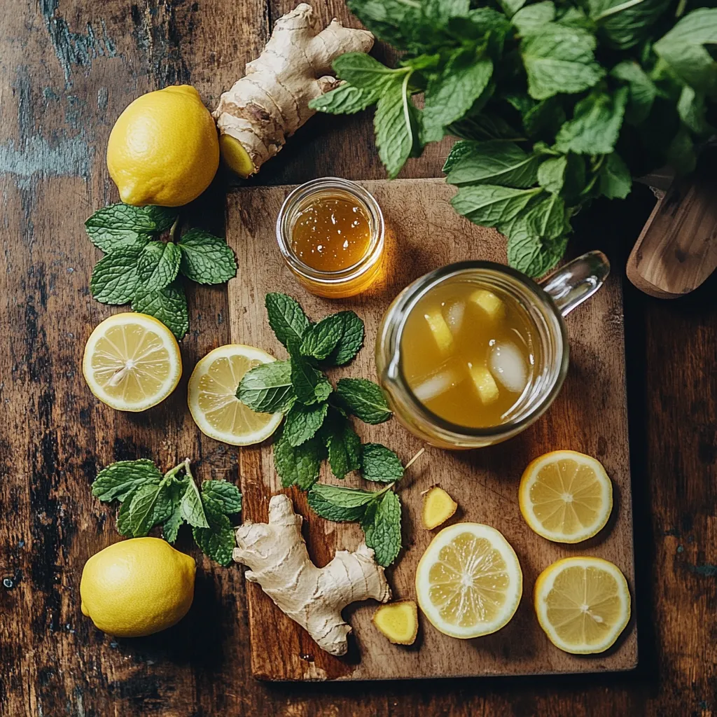 Flat lay of fresh ingredients for Moroccan mint and ginger lemonade, including mint, lemon, ginger, and honey, styled beside a glass pitcher of the finished drink.