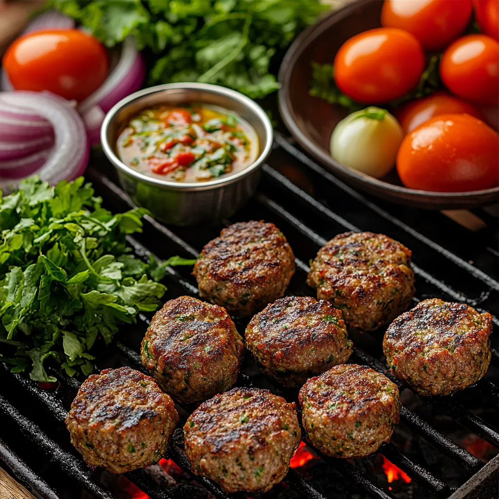 Spicy and Savory Kefta Sandwich: A Must-Try Moroccan Meatball Recipe 6 A delicious Moroccan Kefta sandwich being prepared, with grilled meatballs, fresh vegetables, and a side of sauces, showcasing the perfect balance of flavors and textures.