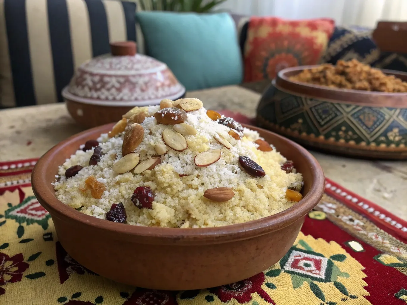 Unlock the Magic of Seffa Couscous with This Easy Recipe 5 A traditional Moroccan celebration with a family sharing Seffa couscous, highlighting its role in culture and hospitality.