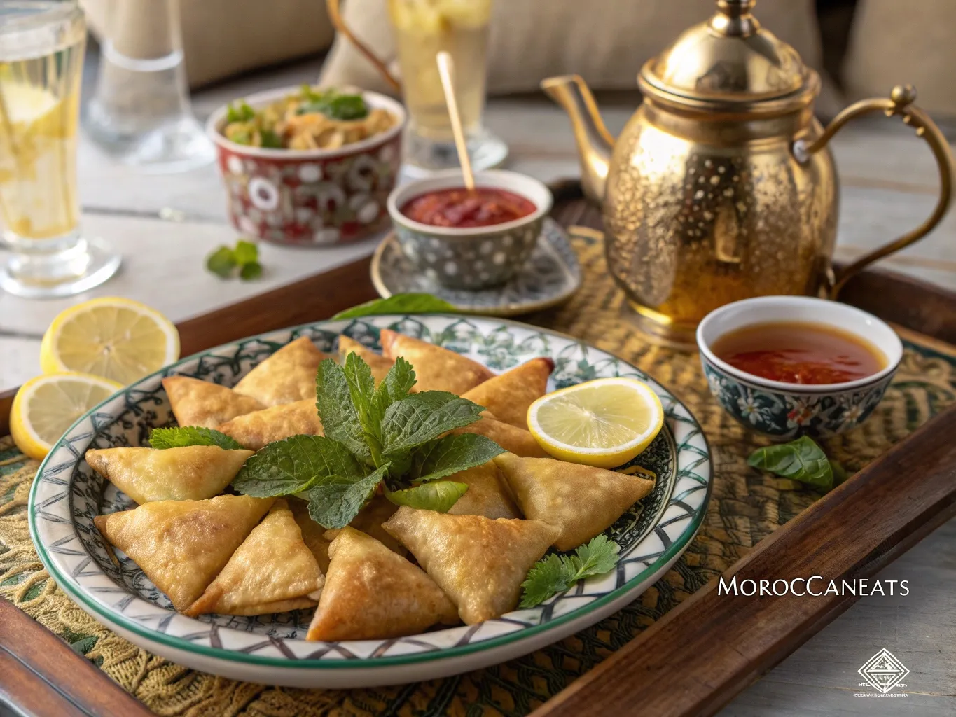 Moroccan Cheese Briouat Recipe: Irresistibly Delicious 5 Plated Moroccan cheese briouats with mint tea, lemon wedges, and dip on a traditional tray – moroccaneats watermark