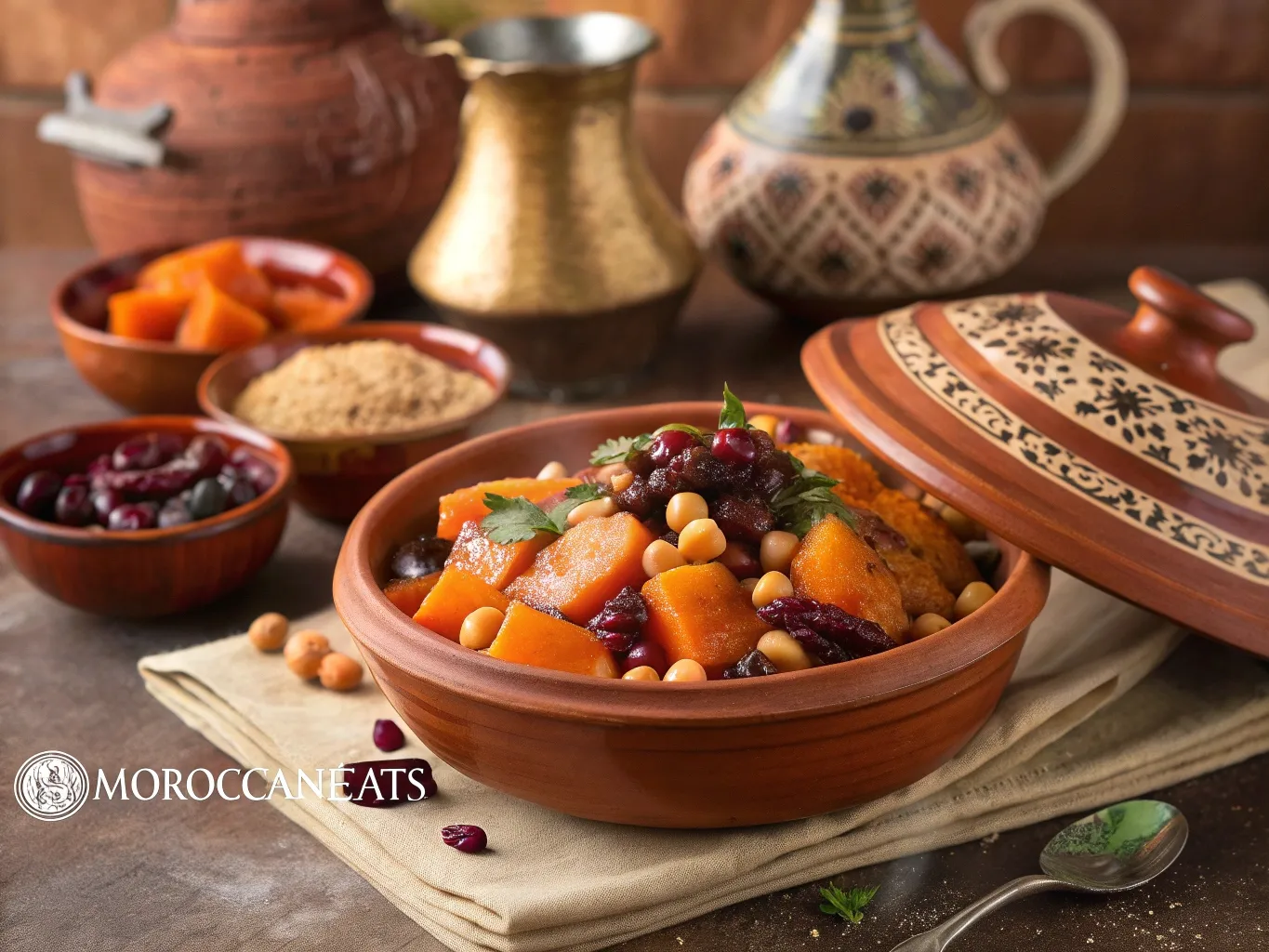 Moroccan Sweet Potato Tagine Recipe, Simply Irresistible 5 Moroccan Sweet Potato Tagine simmering in a traditional tagine pot, filled with vegetables, chickpeas, and aromatic spices.