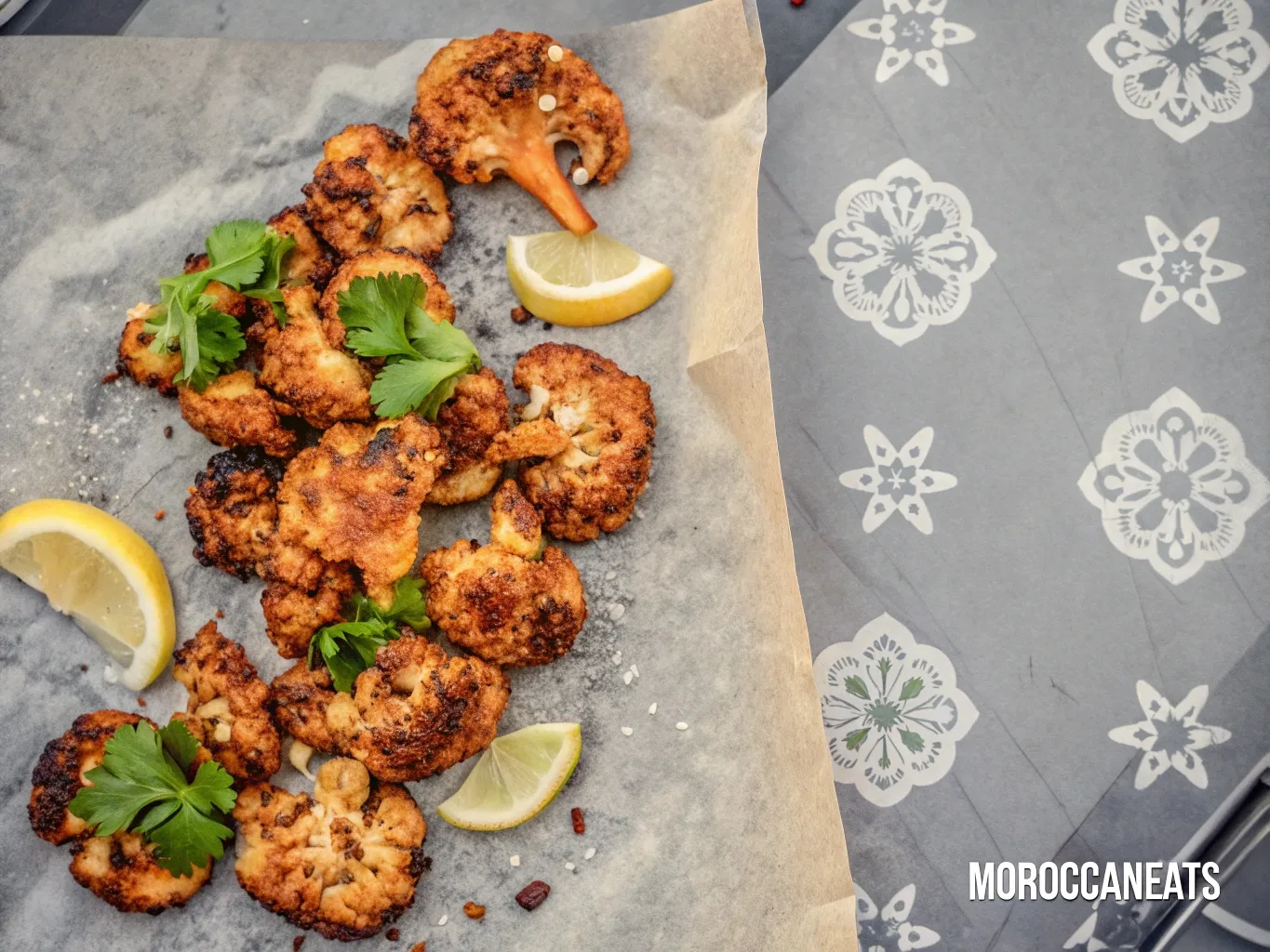 Harissa Roasted Cauliflower for a Guilt-Free Indulgence 2 Harissa roasted cauliflower with golden edges on a sheet pan, garnished with lemon and herbs — a flavorful, healthy Moroccan-inspired side.
