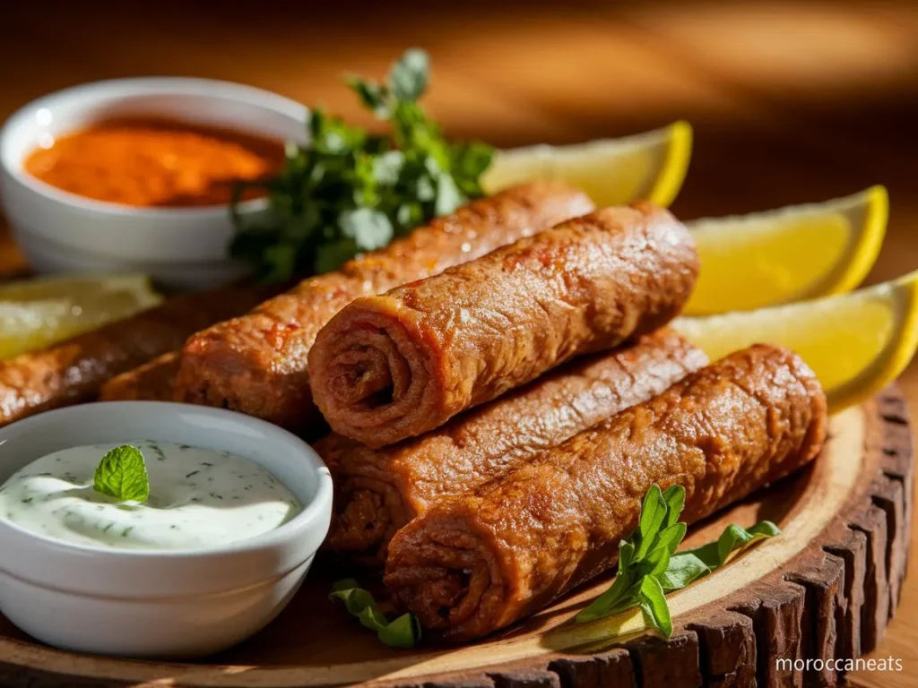 Moroccan Spiced Meat Cigars: Tempting Delight You Can’t Resist 2 Golden SpicedMeatCigars on a wooden platter with dipping sauces and fresh herbs – moroccaneats”