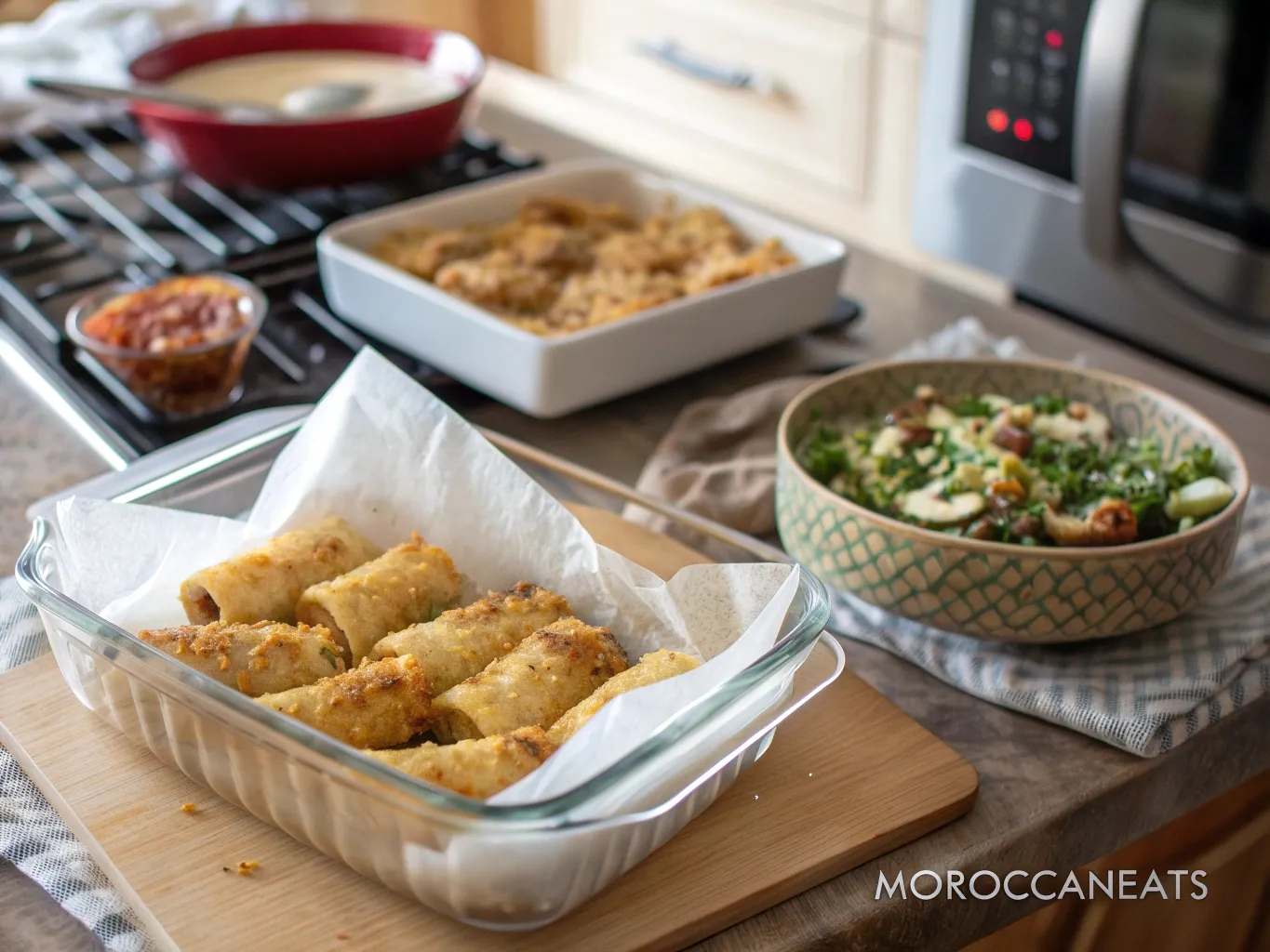 Moroccan Cheese Briouat Recipe: Irresistibly Delicious 6 Stored and reheated Moroccan cheese briouats with parchment in a glass container and crispy leftovers in oven – moroccaneats watermark