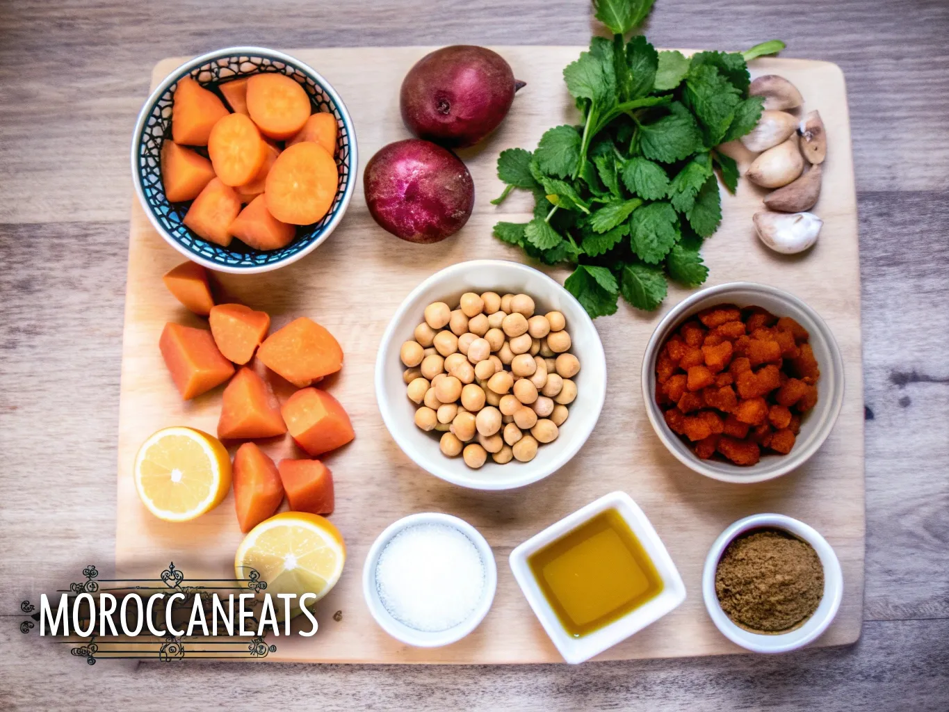 Moroccan Sweet Potato Tagine Recipe, Simply Irresistible 3 Flat-lay of Moroccan Sweet Potato Tagine ingredients including sweet potatoes, spices, chickpeas, herbs, and dried fruits, arranged on a rustic wooden table. Watermarked with "moroccaneats".