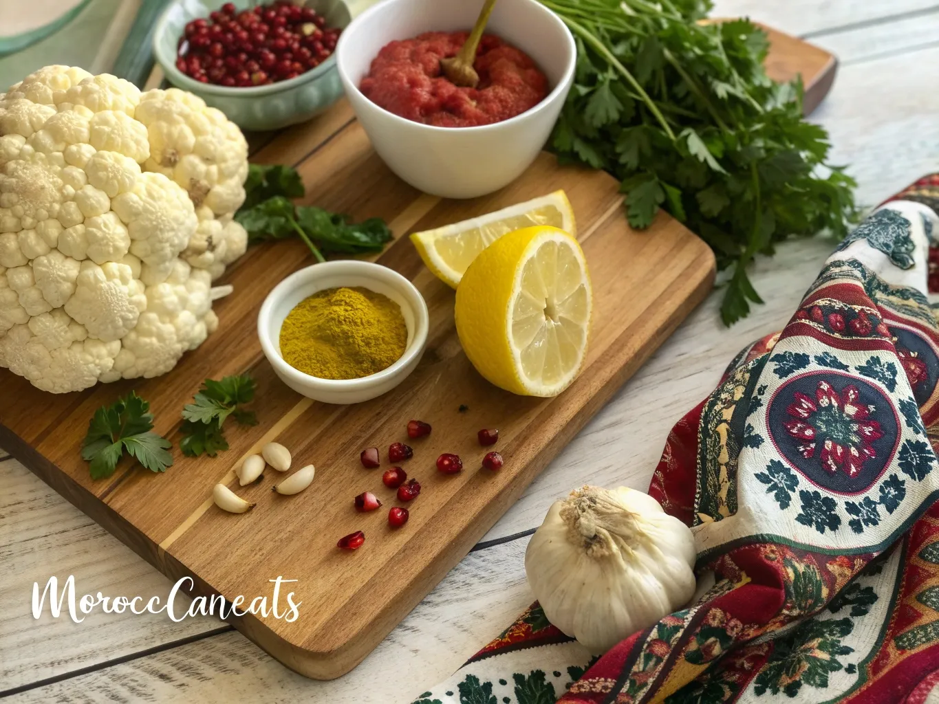 Harissa Roasted Cauliflower for a Guilt-Free Indulgence 3 Fresh cauliflower, harissa paste, garlic, lemon, and olive oil arranged for a vibrant and flavorful roasted cauliflower recipe.