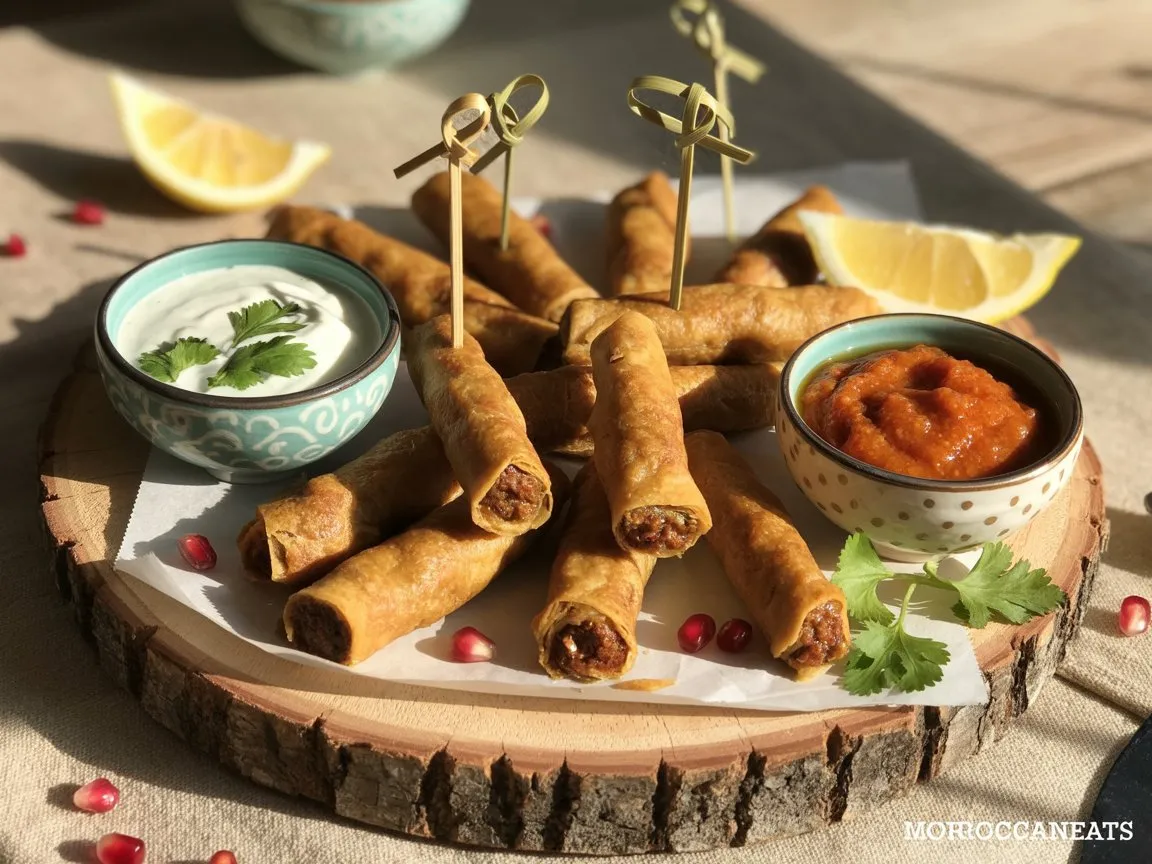 Moroccan Spiced Meat Cigars: Tempting Delight You Can’t Resist 5 Plated Moroccan Spiced Meat Cigars with sauces and colorful garnishes on a mezze board – moroccaneats
