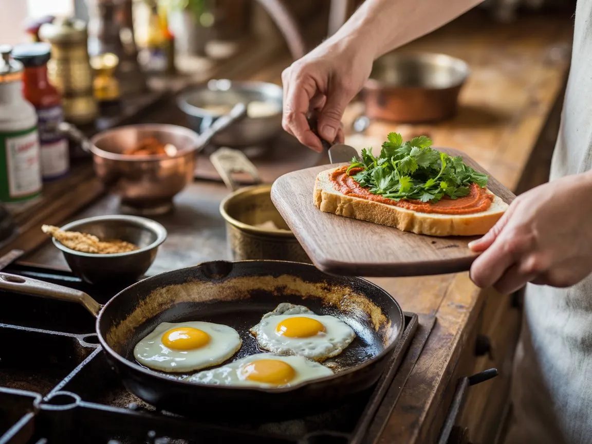 Bold Moroccan Breakfast You’ll Crave 4 Cooking process of Moroccan Egg and Harissa Sandwich with eggs frying, bread being prepped, and herbs ready for garnishing in a rustic kitchen setup.