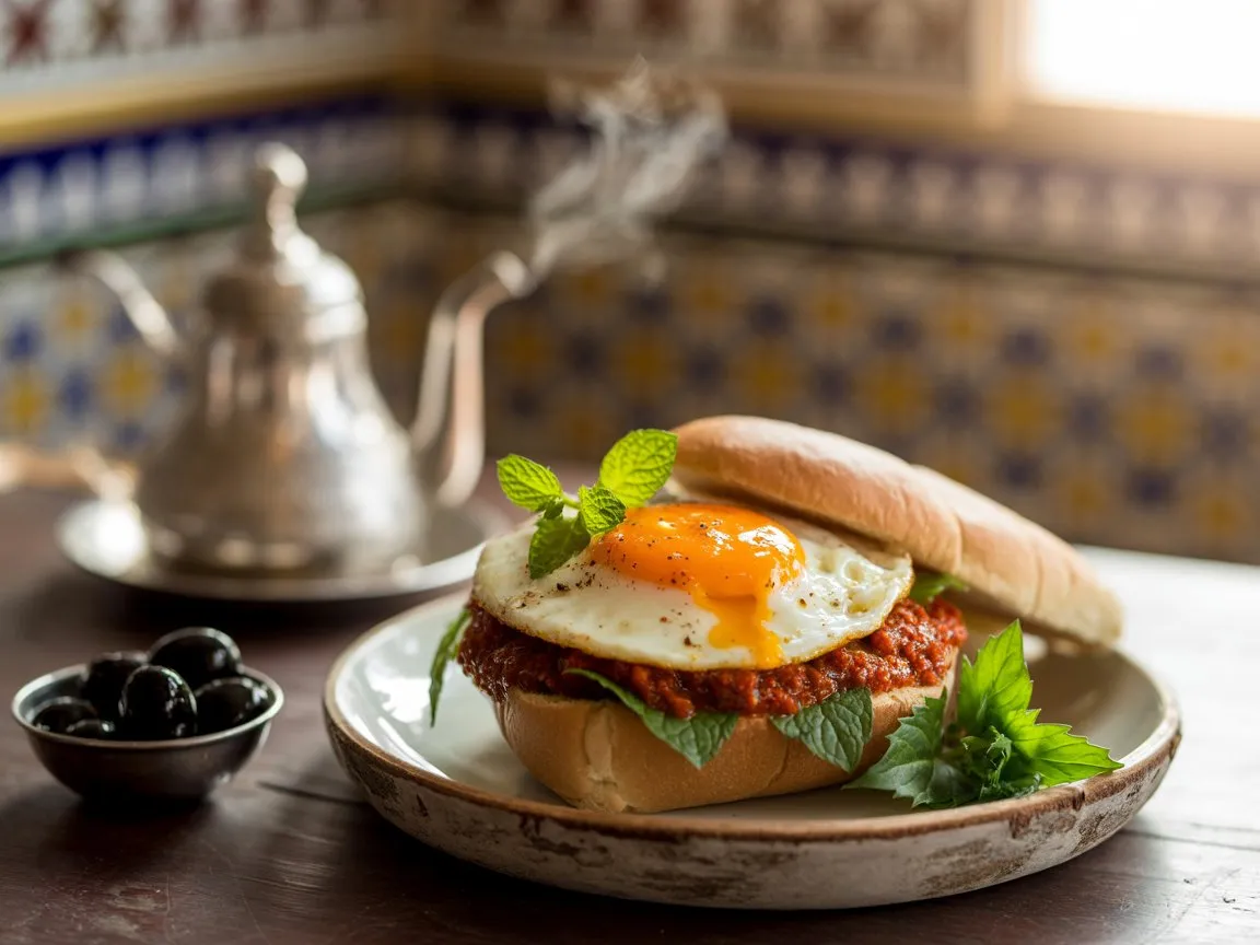 Bold Moroccan Breakfast You’ll Crave 5 erved Moroccan Egg and Harissa Sandwich with mint tea, cucumber salad, and olives on a Moroccan-style brunch table with warm lighting.