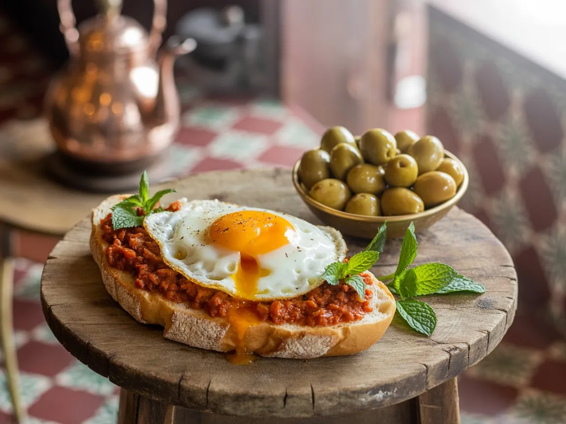 Bold Moroccan Breakfast You’ll Crave 2 Moroccan Egg and Harissa Sandwich with fried egg, spicy harissa, and herbs on traditional flatbread served in a Moroccan-style setting.