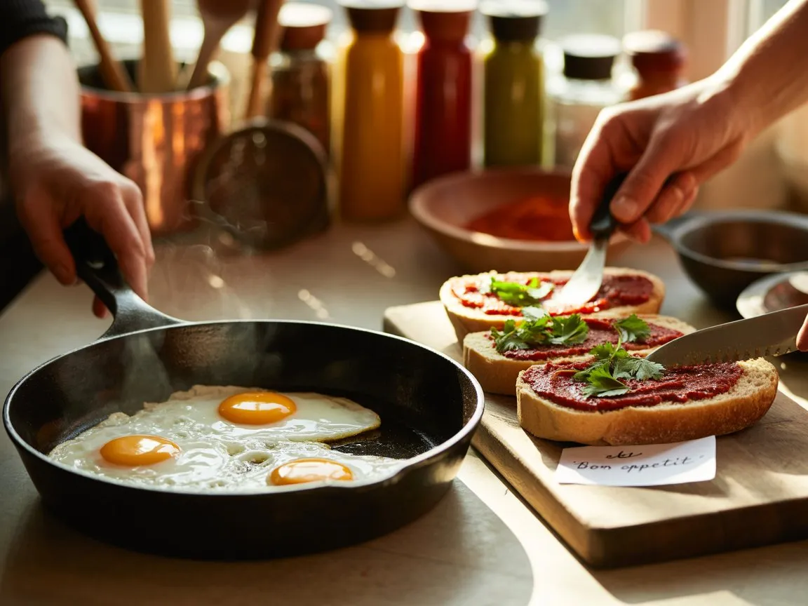 Bold Moroccan Breakfast You’ll Crave 6 Variety of Moroccan Egg and Harissa Sandwiches featuring different toppings and styles, displayed on rustic plates with fresh herbs and lemon.