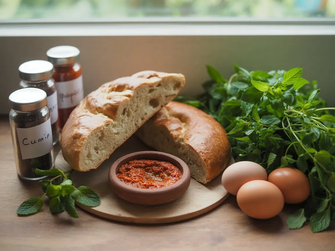 Bold Moroccan Breakfast You’ll Crave 3 Ingredients for Moroccan Egg and Harissa Sandwich including eggs, harissa, khobz bread, fresh herbs, and Moroccan spices on a wooden surface.