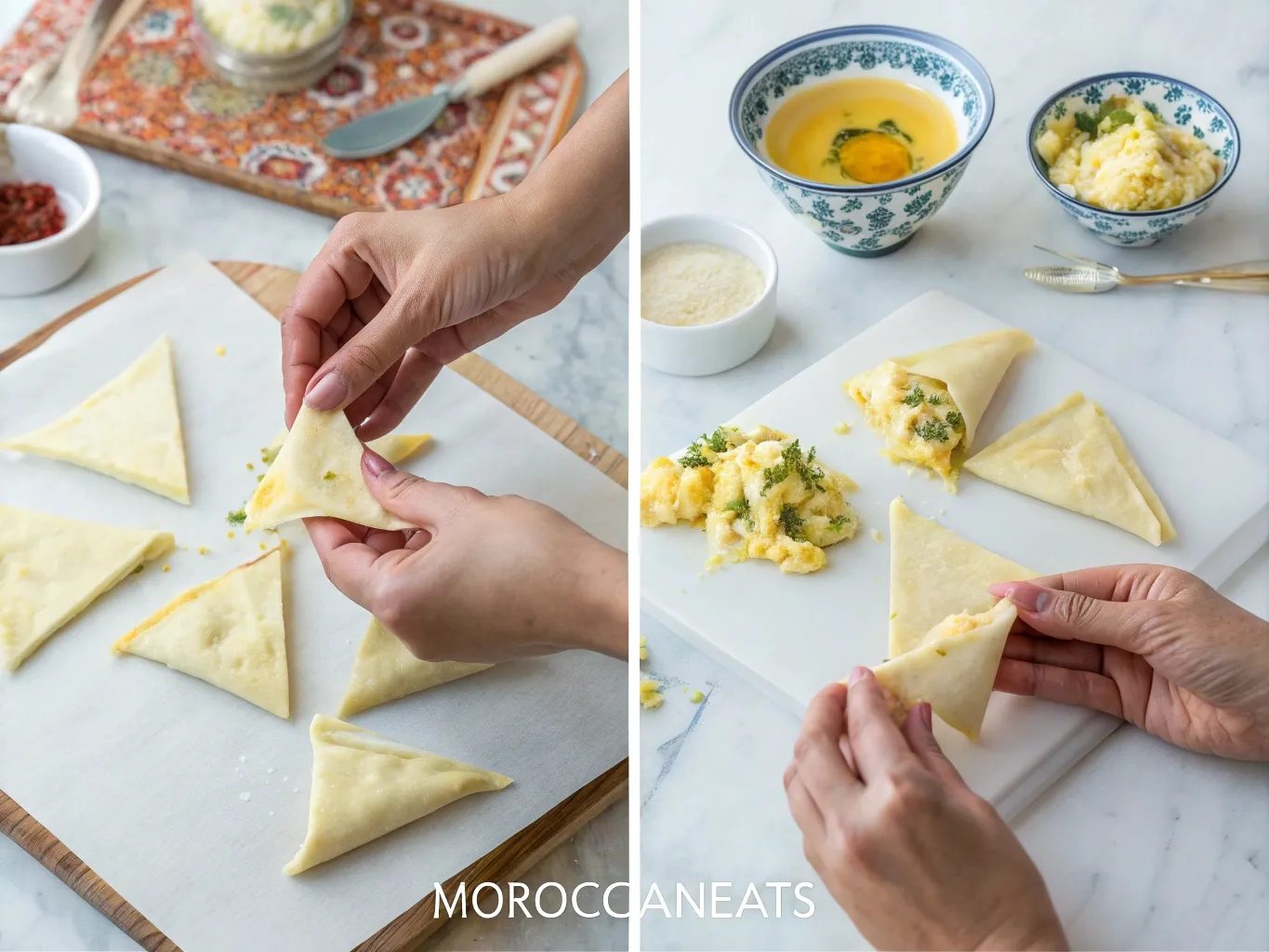 Moroccan Cheese Briouat Recipe: Irresistibly Delicious 4 Step-by-step folding of Moroccan cheese briouats with cheese filling and egg wash – moroccaneats watermark