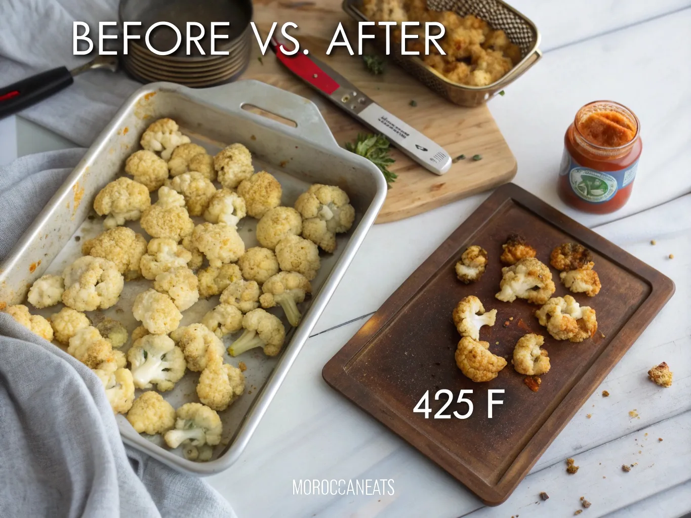Harissa Roasted Cauliflower for a Guilt-Free Indulgence 5 Two baking trays showing the difference between overcrowded and perfectly spaced harissa roasted cauliflower—highlighting roasting technique tips.