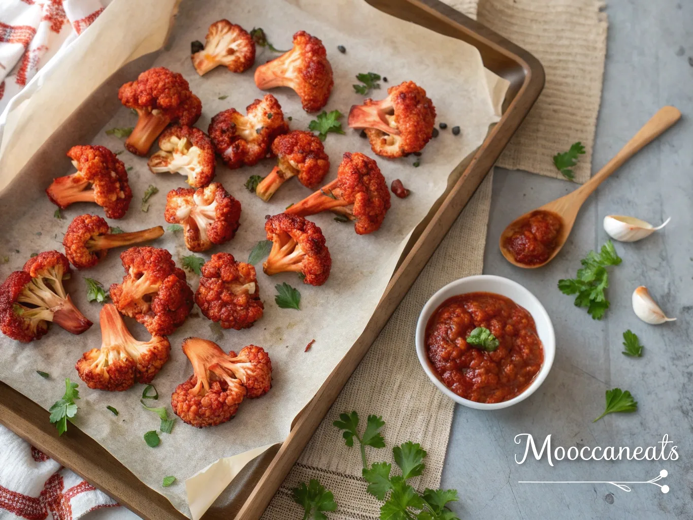 Harissa Roasted Cauliflower for a Guilt-Free Indulgence 4 Harissa-coated cauliflower florets arranged on a baking sheet before roasting, vibrant and spice-filled with visible seasonings.