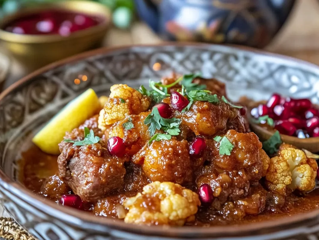 Lamb Tagine with Fried Cauliflower – Shockingly Good 5 Elegant plating of Moroccan lamb tagine topped with fried cauliflower, fresh herbs, and vibrant garnishes in a rustic dining setting.