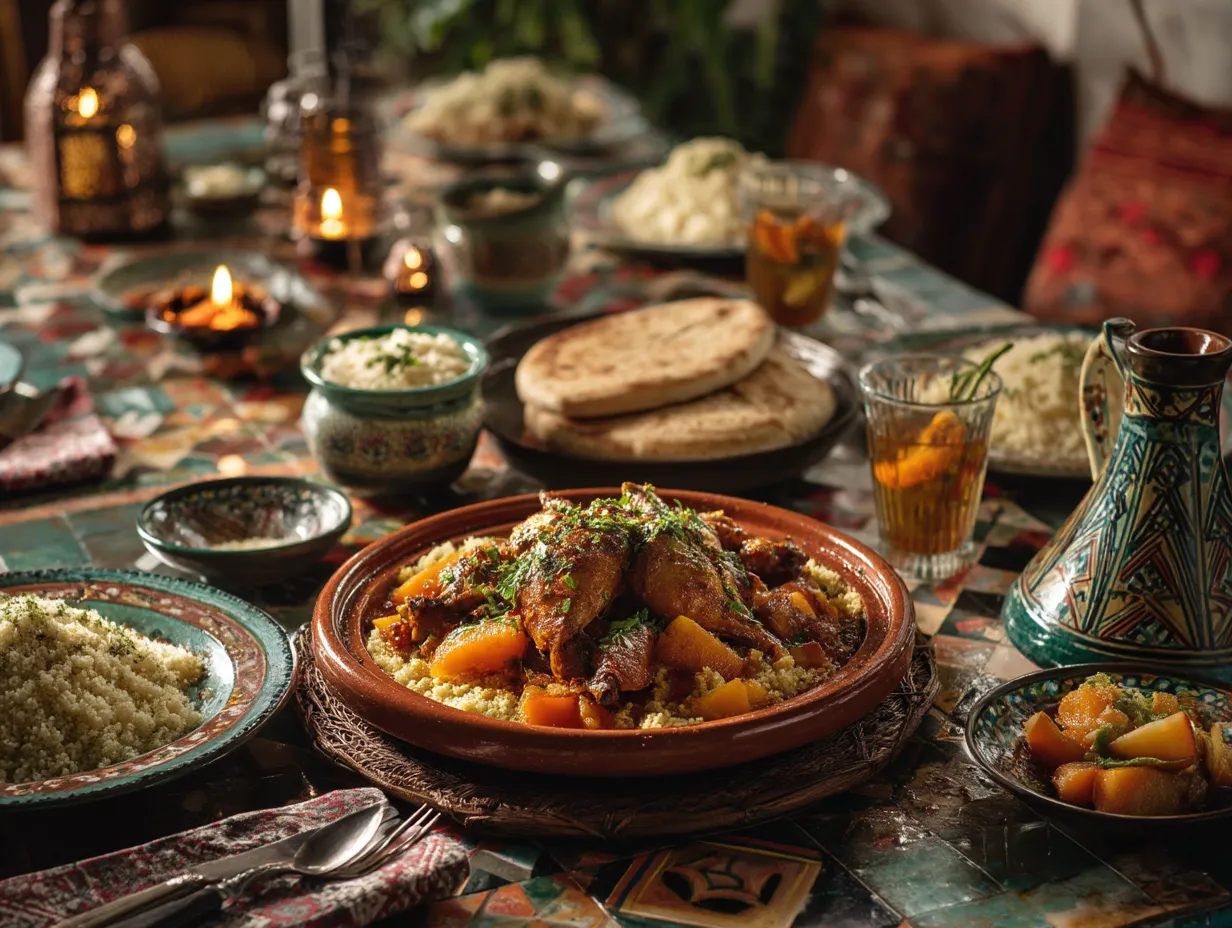 Moroccan Chicken and Orange Tagine Recipe: Irresistibly Bold 6 Moroccan chicken and orange tagine served with couscous, flatbread, and mint tea on a traditional Moroccan-style table.